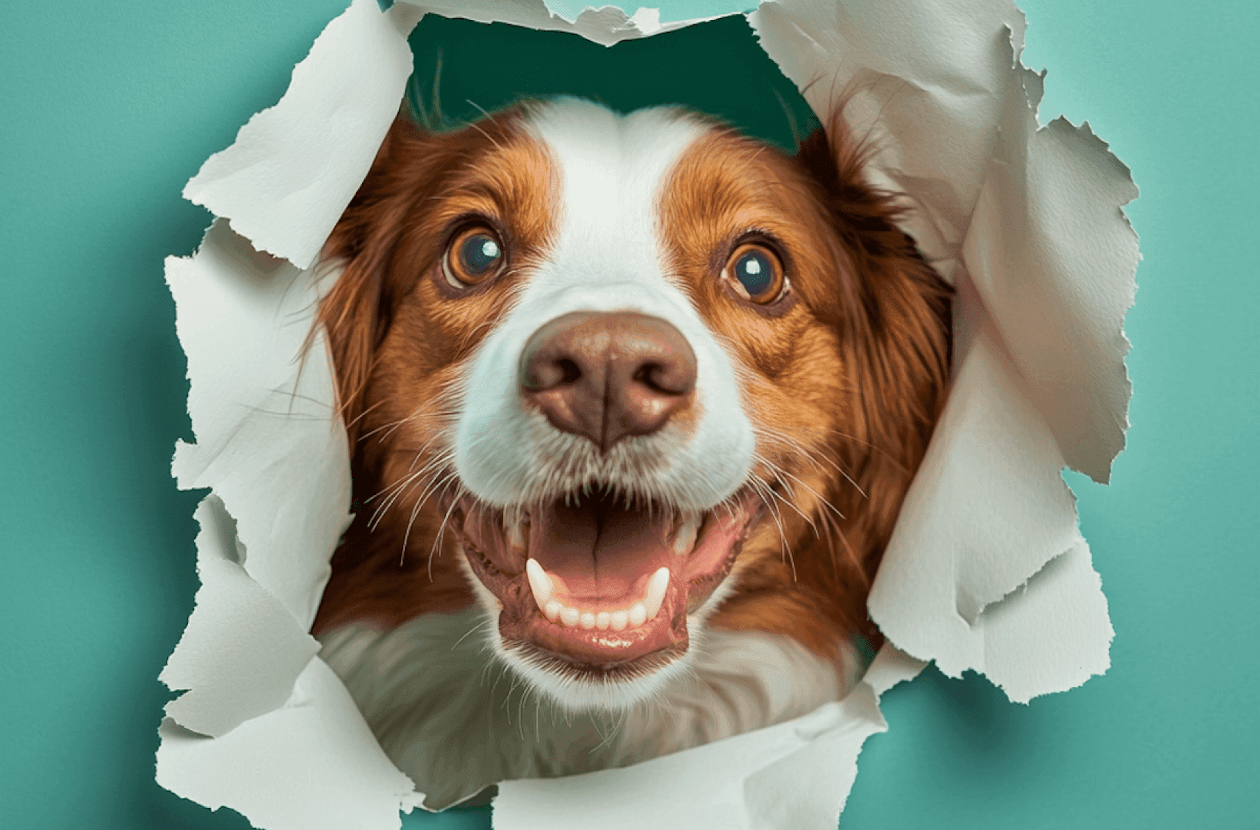 goofy puppy peeking through a paper hole